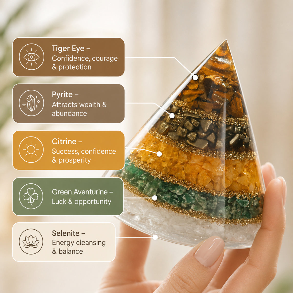 Vastu Conical Dhan Yog Pyramid with Selenite Base